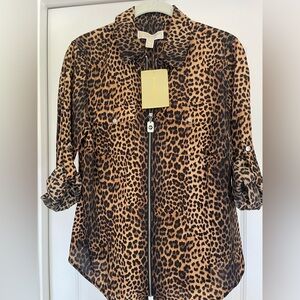 Michael Kors Tan and Brown Leopard Print Zippered Blouse - Size PM - NWT